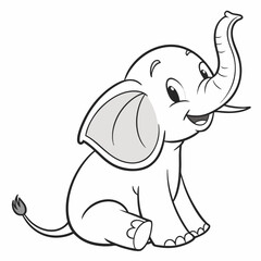Happy cartoon baby elephant sitting, trunk up, isolated line art