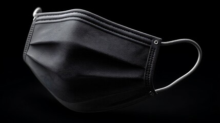 Sleek Black Pleated Face Mask with White Ear Loops on Black Background