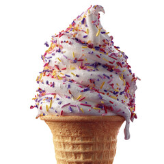 Sprinkled soft serve ice cream cone against a black backdrop