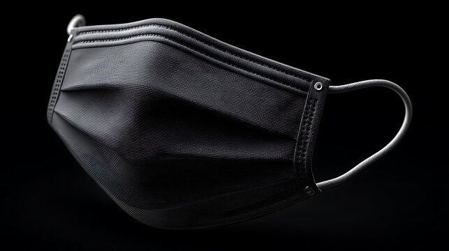 Sleek Black Pleated Face Mask with White Ear Loops on Black Background - Powered by Adobe