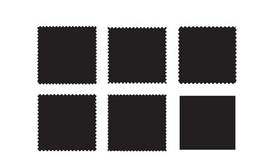 Fototapeta premium Collection of six black postage stamp frames with perforated edges on a white background
