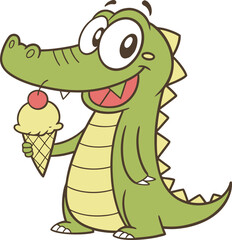 Happy cartoon alligator character enjoying a tasty ice cream cone