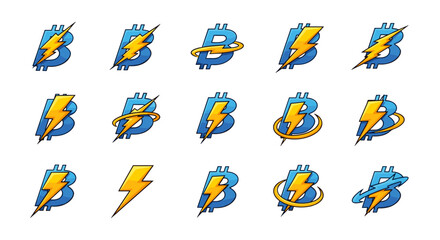 Set of 15 Bitcoin logos with lightning bolt and circular swoosh elements, presented in a clean, cartoonish vector illustration style on a white background, ideal for cryptocurrency and technology