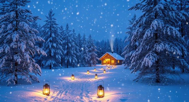 Cozy Cabin In a Winter Wonderland With Falling Snow. - Powered by Adobe
