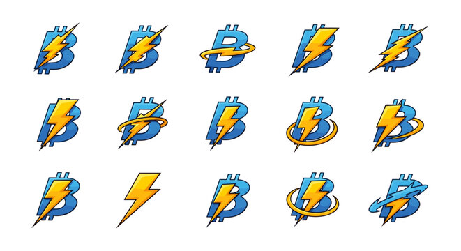 Set of 15 Bitcoin logos with lightning bolt and circular swoosh elements, presented in a clean, cartoonish vector illustration style on a white background, ideal for cryptocurrency and technology