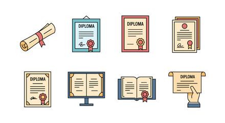 Collection of minimalistic linear pictograms representing diplomas and certificates in various styles, including rolled scrolls, framed documents, digital displays, and hand-held awards, all rendered