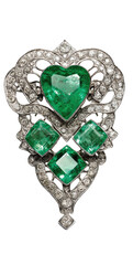 Emeralds set in ornate, filigree-style diamond brooch.