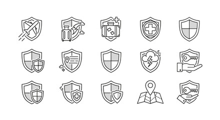 Collection of protection and insurance outline icons featuring shields, travel elements like airplanes and suitcases, medical symbols, keys, maps, and weather icons, perfect for graphic design