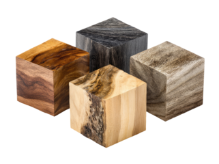 Four wooden cubes, various wood grain patterns
