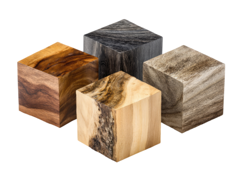 Four wooden cubes, various wood grain patterns