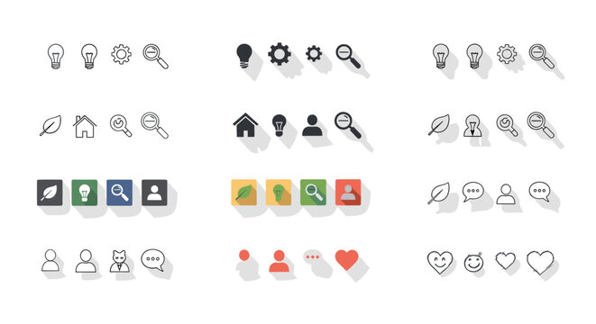 Collection of diverse icon sets in multiple styles, including line art and solid fills, featuring elements like lightbulbs, gears, magnifying glasses, leaves, houses, user profiles, and chat bubbles