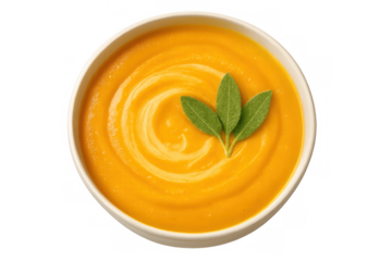 Creamy pumpkin butternut squash soup with sage leaves on transparent background showcasing healthy vegetarian meal
