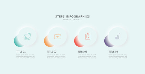 Neumorphism design infographic 4 step or process timeline, vector illustration.