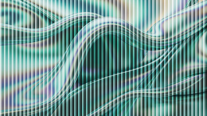 Abstract background with wavy iridescent ribbon on backdrop with vertical stripes, a soothing and elegant design