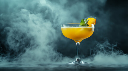 Yellow cocktail in glass with orange garnish and smoky background