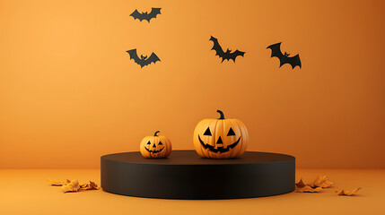 Halloween pumpkins on a black stand with bats against orange wall