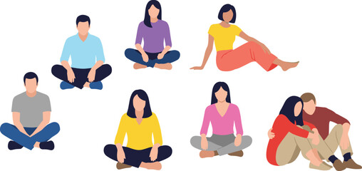 Flat vector illustration of diverse pairs sitting casually on ground, social interaction, relaxed posture, cad drawing flat vector