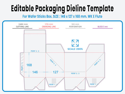 Editable packaging dieline template for wafer box. Real dimensions with cutting, creasing, and bleed guides. Ready-to-use vector file for printing and production setup.