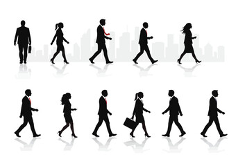 Walking Silhouettes Diverse Professionals in Motion Against Cityscape Background