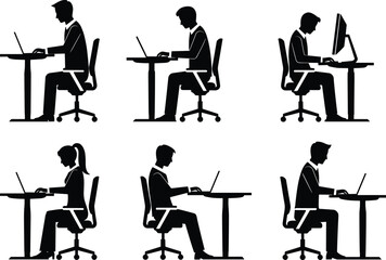 Silhouette of office workers at desks using computers, business attire, workplace posture, teamwork concept, cad drawing flat vector illustration