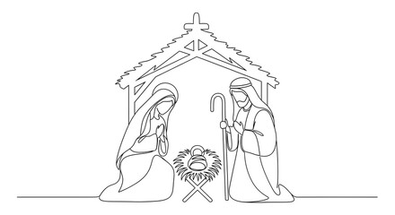 Fototapeta premium A minimalist line drawing depicts the Nativity scene with Mary, Joseph, and baby Jesus in a manger within a stable.