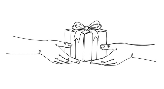 Two hands exchanging a gift box tied with a ribbon and bow, symbolizing giving and receiving.