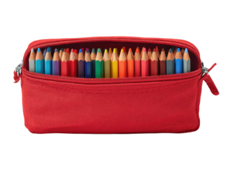 Red pencil case, open, filled with colored pencils