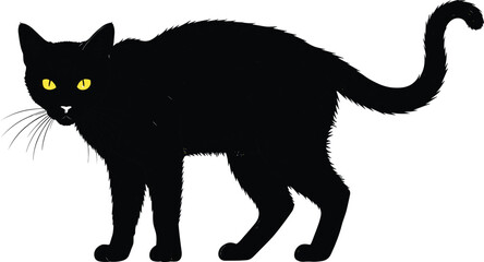 Silhouette of black cat with yellow eyes, Halloween theme, superstition symbol, cad drawing flat vector illustration