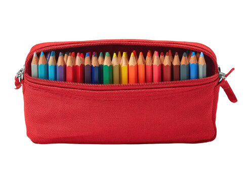 Red pencil case, open, filled with colored pencils