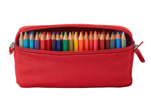 Red pencil case, open, filled with colored pencils