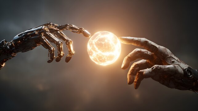 Futuristic depiction of two metallic hands reaching towards each other, one golden and robotic, the other with a textured design, almost like human skin, both extending toward a glowing sphere of...