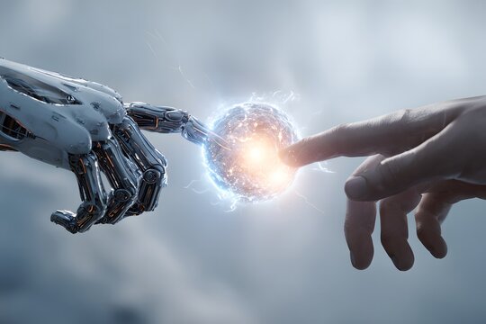 Digital artwork depicts a mechanical hand and a human hand touching a glowing energy sphere, symbolizing connection, creation, and technological advancements, set against a cloudy, soft, and...