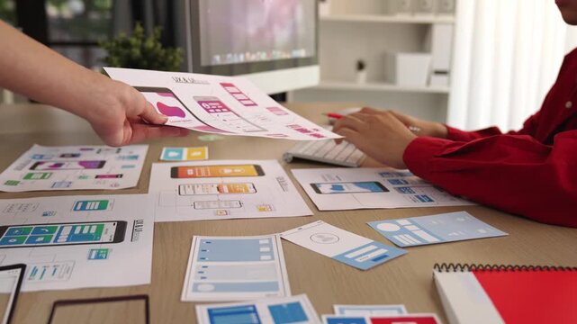 Excellent startup company employee presenting user interface prototype for mobile application to smart co-worker in office workspace. UX UI designer explain function of icon design on paper. Synergic