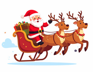 Naklejka premium Santa Claus Riding Sleigh with Reindeer Delivering Christmas Gifts.