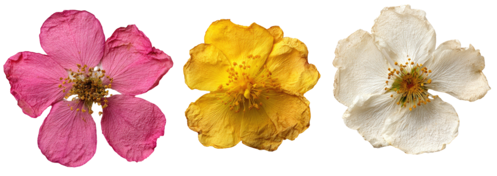 Three different-colored flowers, isolated on black