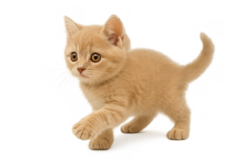 Little ginger kitten walking, looking curious, playful small domestic pet with transparent background