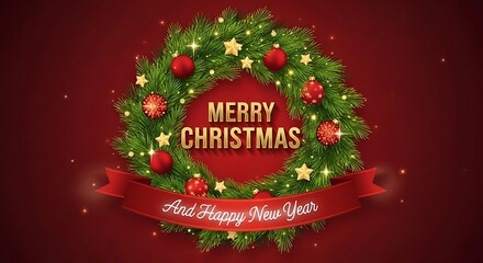 Merry Christmas and Happy New Year greeting with festive wreath and sparkling ornaments