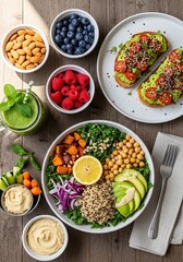 A realistic flat lay photo of plant-based food on a rustic table, perfect for healthy lifestyle concepts