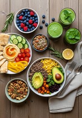 A realistic flat lay photo of plant-based food on a rustic table, perfect for healthy lifestyle concepts
