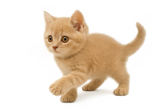 Little ginger kitten walking, looking curious, playful small domestic pet with transparent background