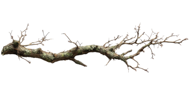 Broken tree branch showing rough wood texture with natural bark detail and outdoor forest element isolated on white background