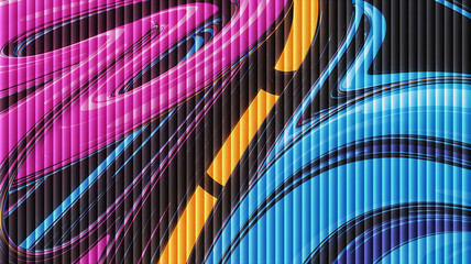Vibrant graffiti art on striped background creates a dynamic and eye catching visual with bold colors and abstract forms