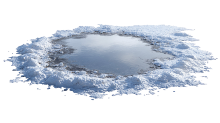 Frozen puddle covered with snow showing icy winter surface with textured frost and cold seasonal landscape detail isolated on white background