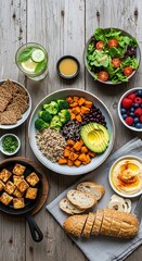 A realistic flat lay photo of plant-based food on a rustic table, perfect for healthy lifestyle concepts