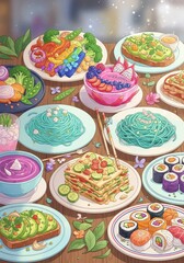 An artistic food illustration in pastel tones, showcasing creative vegan dishes in a cozy setup
