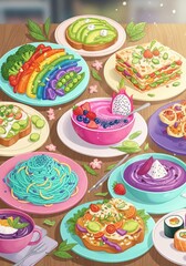 An artistic food illustration in pastel tones, showcasing creative vegan dishes in a cozy setup