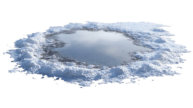 Frozen puddle covered with snow showing icy winter surface with textured frost and cold seasonal landscape detail isolated on white background