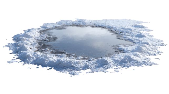 Frozen puddle covered with snow showing icy winter surface with textured frost and cold seasonal landscape detail isolated on white background