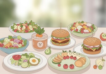 An artistic food illustration in pastel tones, showcasing creative vegan dishes in a cozy setup