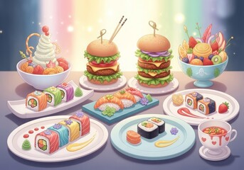 An artistic food illustration in pastel tones, showcasing creative vegan dishes in a cozy setup